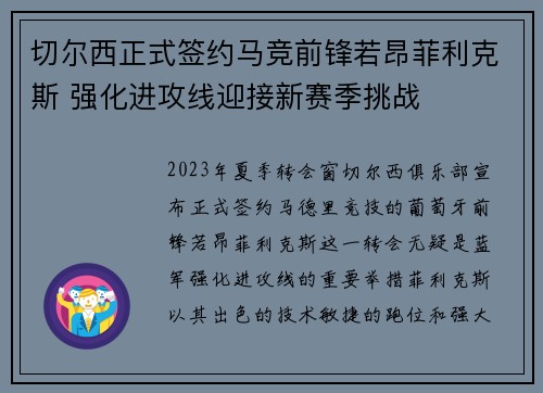 切尔西正式签约马竞前锋若昂菲利克斯 强化进攻线迎接新赛季挑战