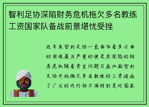 智利足协深陷财务危机拖欠多名教练工资国家队备战前景堪忧受挫